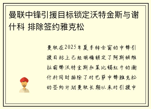 曼联中锋引援目标锁定沃特金斯与谢什科 排除签约雅克松