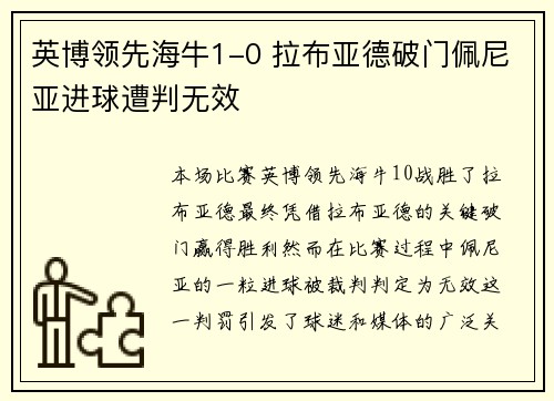 英博领先海牛1-0 拉布亚德破门佩尼亚进球遭判无效