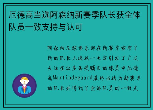厄德高当选阿森纳新赛季队长获全体队员一致支持与认可